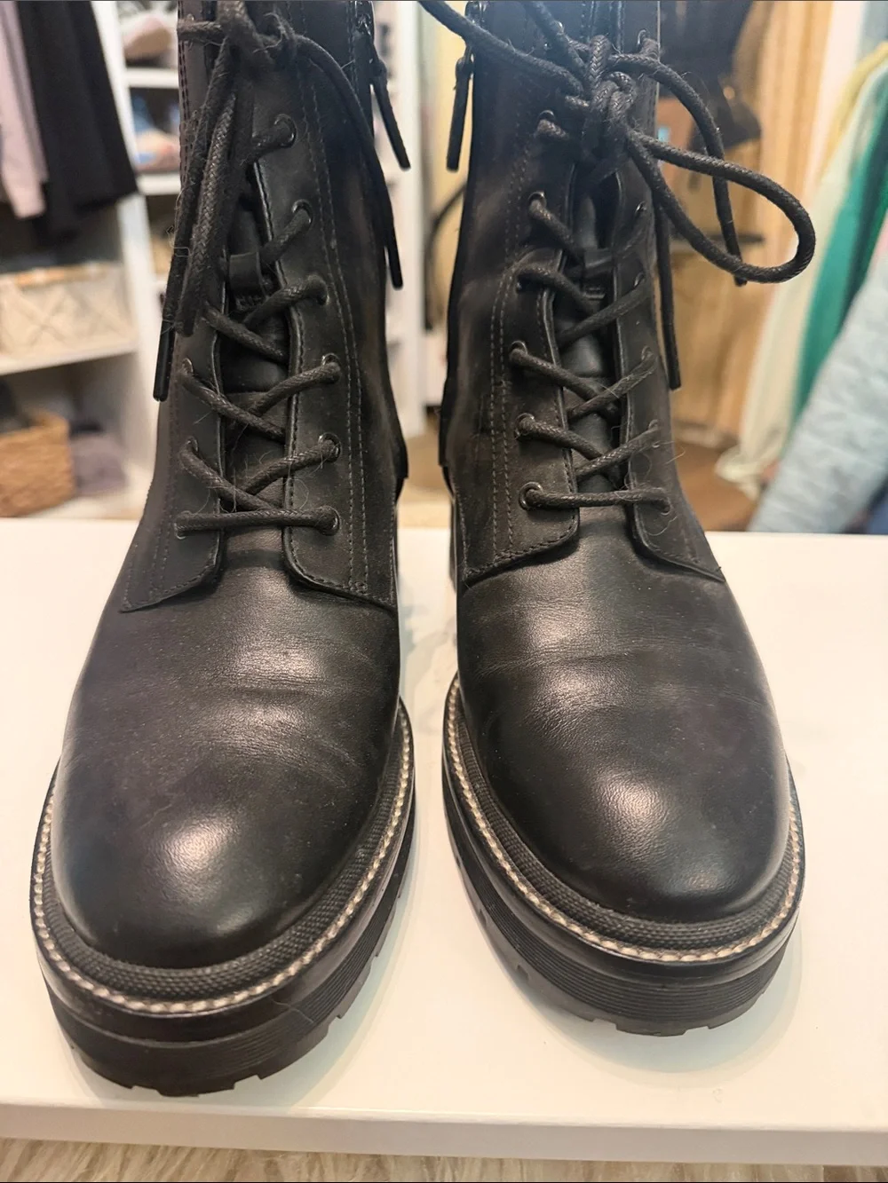 Tory Burch Combat Leather Lace-Up with Zip Boots in Black